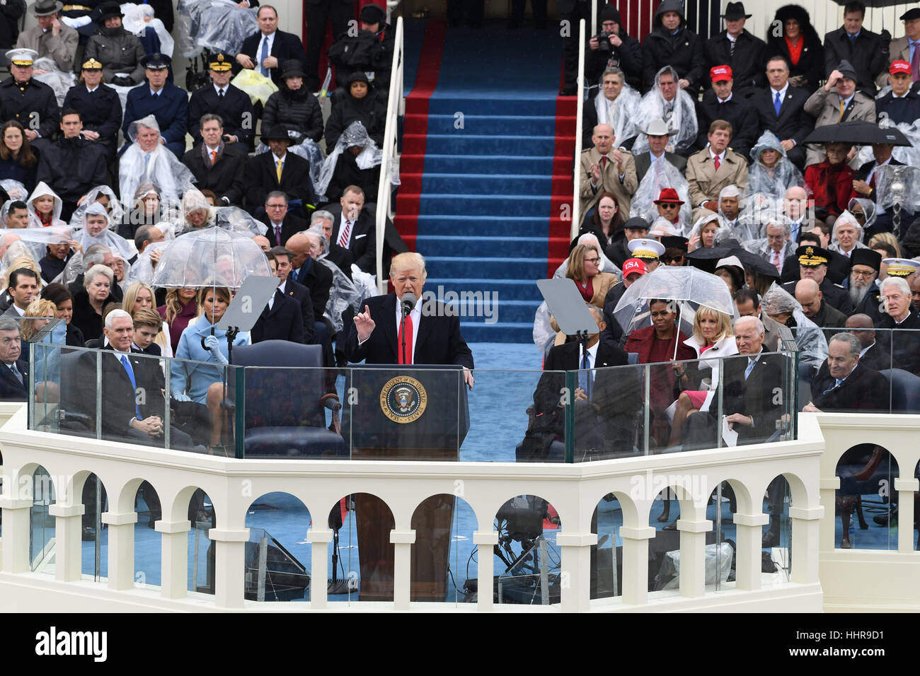Washington DC, USA. 20th Jan, 2017. President Donald Trump delivers his inaugural address at the inauguration on January 20, 2017 in Washington, DC Trump became the 45th President of the United States. Credit: MediaPunch Inc/Alamy Live News Stock Photo