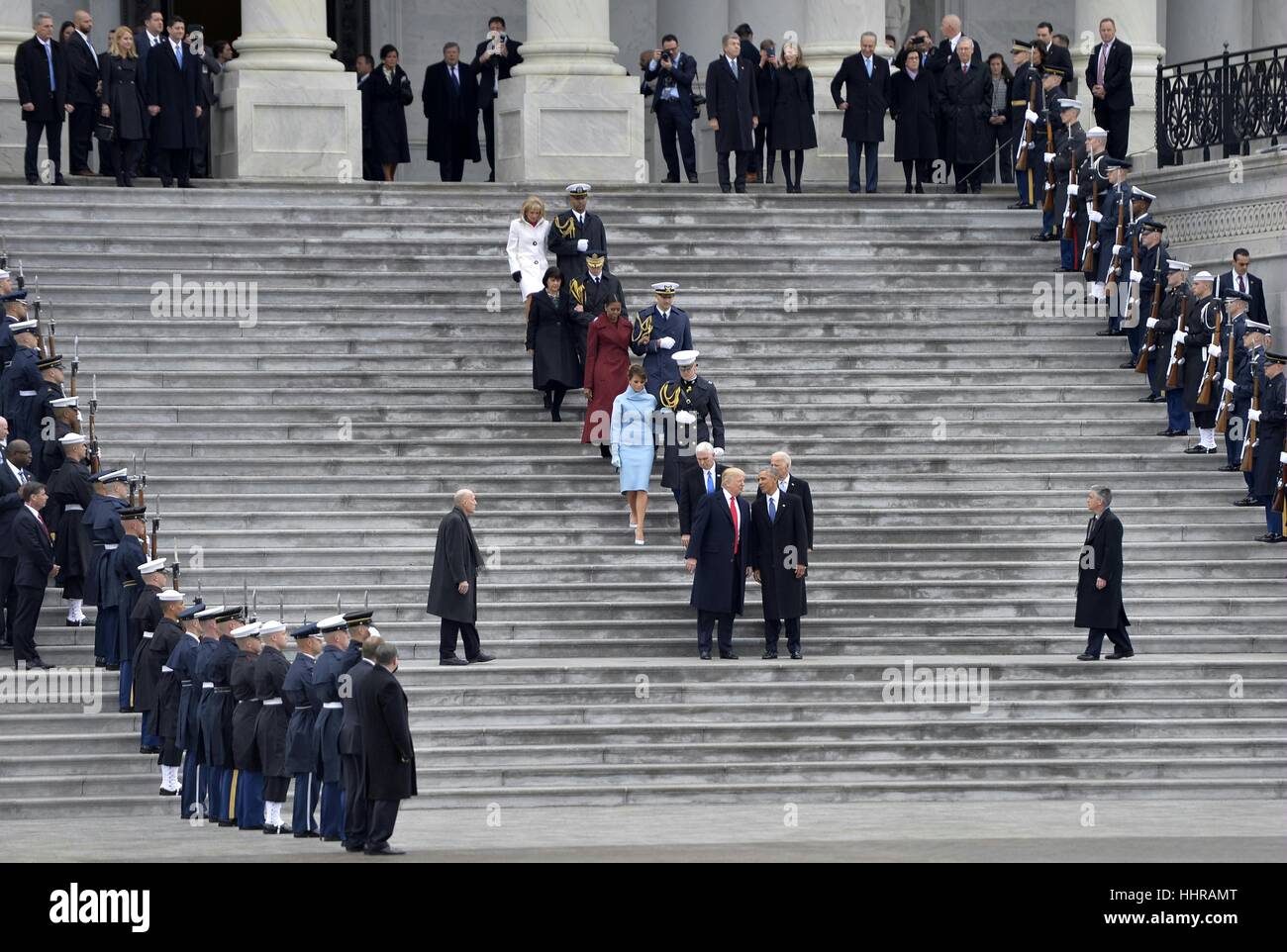 Washington, USA. 20th Jan, 2017. Former U.S. President Barack Obama talks with newly-inaugurated U.S. President Donald Trump after Donald Trump was sworn in as the 45th President of the United States in Washington, D.C. Credit: Bao Dandan/Xinhua/Alamy Live News Stock Photo