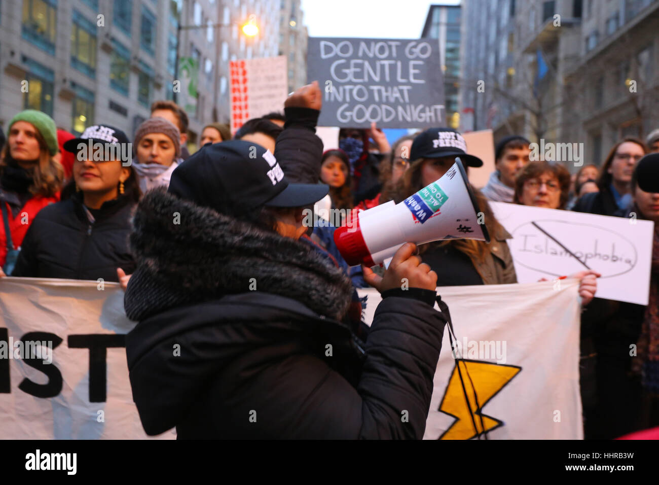 Washington DC, USA. January 20, 2017. An Organizer Rallies Protesters ...