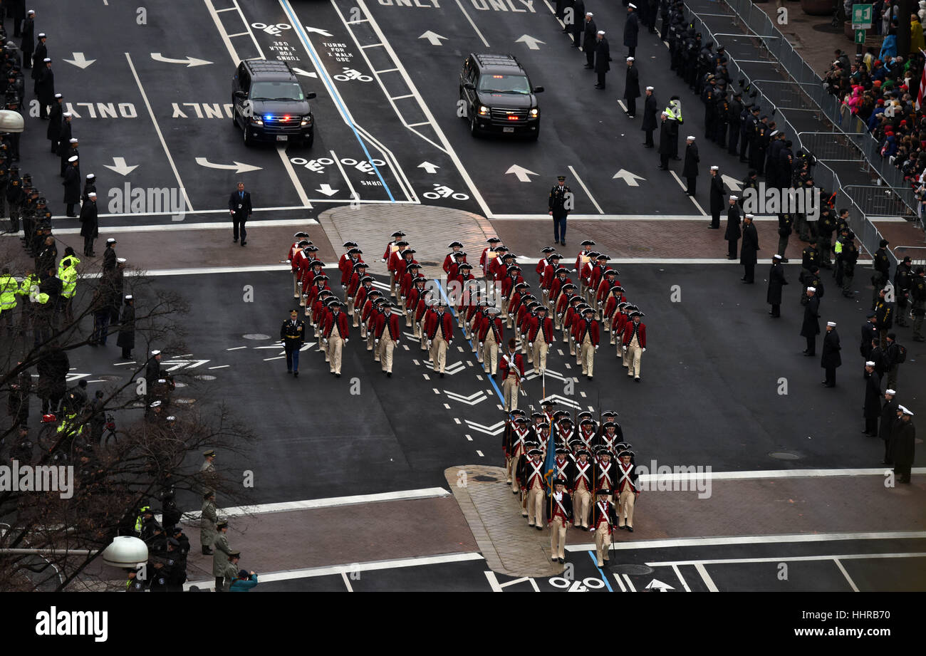 Washington, USA. 20th Jan, 2017. Members of United States Army Old Guard Fife and Drum Corps march along Pennsylvania Avenue during the Inaugural Parade following U.S. President Donald Trump's inauguration in Washington, D.C. Donald Trump was sworn in on Friday as the 45th president of the United States. Credit: Yin Bogu/Xinhua/Alamy Live News Stock Photo