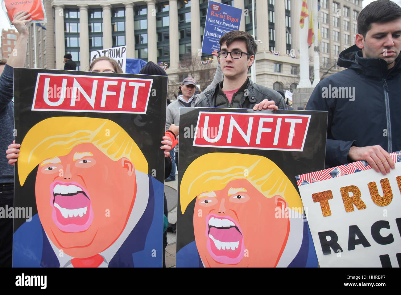 Washington, USA. 20th January, 2017. Protesters at a rally held by the ANSWER Coalition on the day of the inauguration of Donald J Trump as President of the United States. Credit: Susan Pease/Alamy Live News Stock Photo