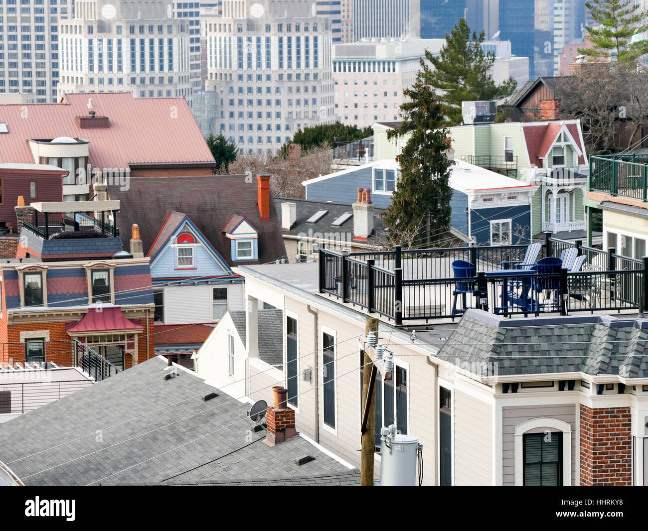 Rooftop decks. Mount Adams neighborhood, Cincinnati, Ohio Stock Photo