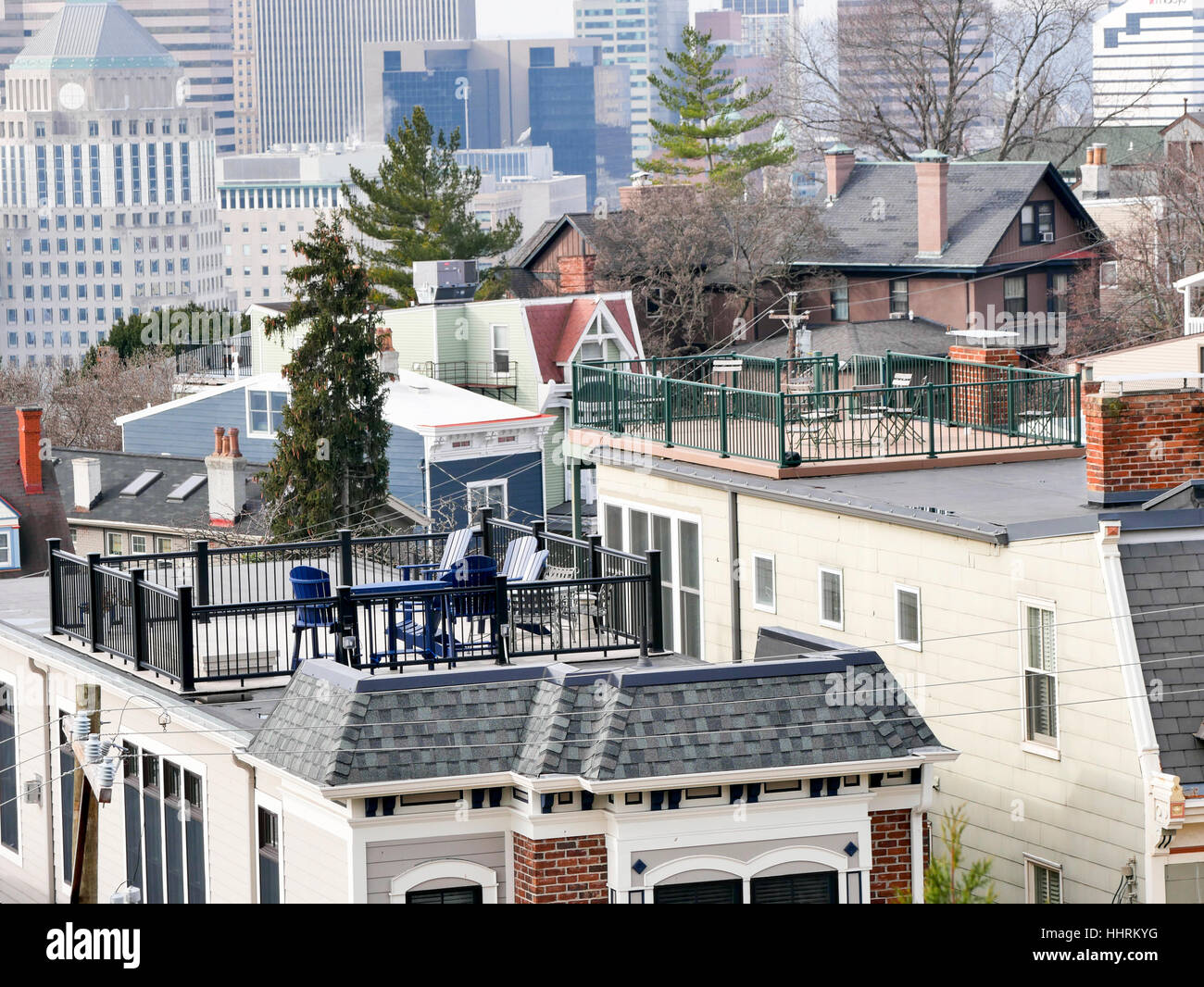 Rooftop decks. Mount Adams neighborhood, Cincinnati, Ohio Stock Photo