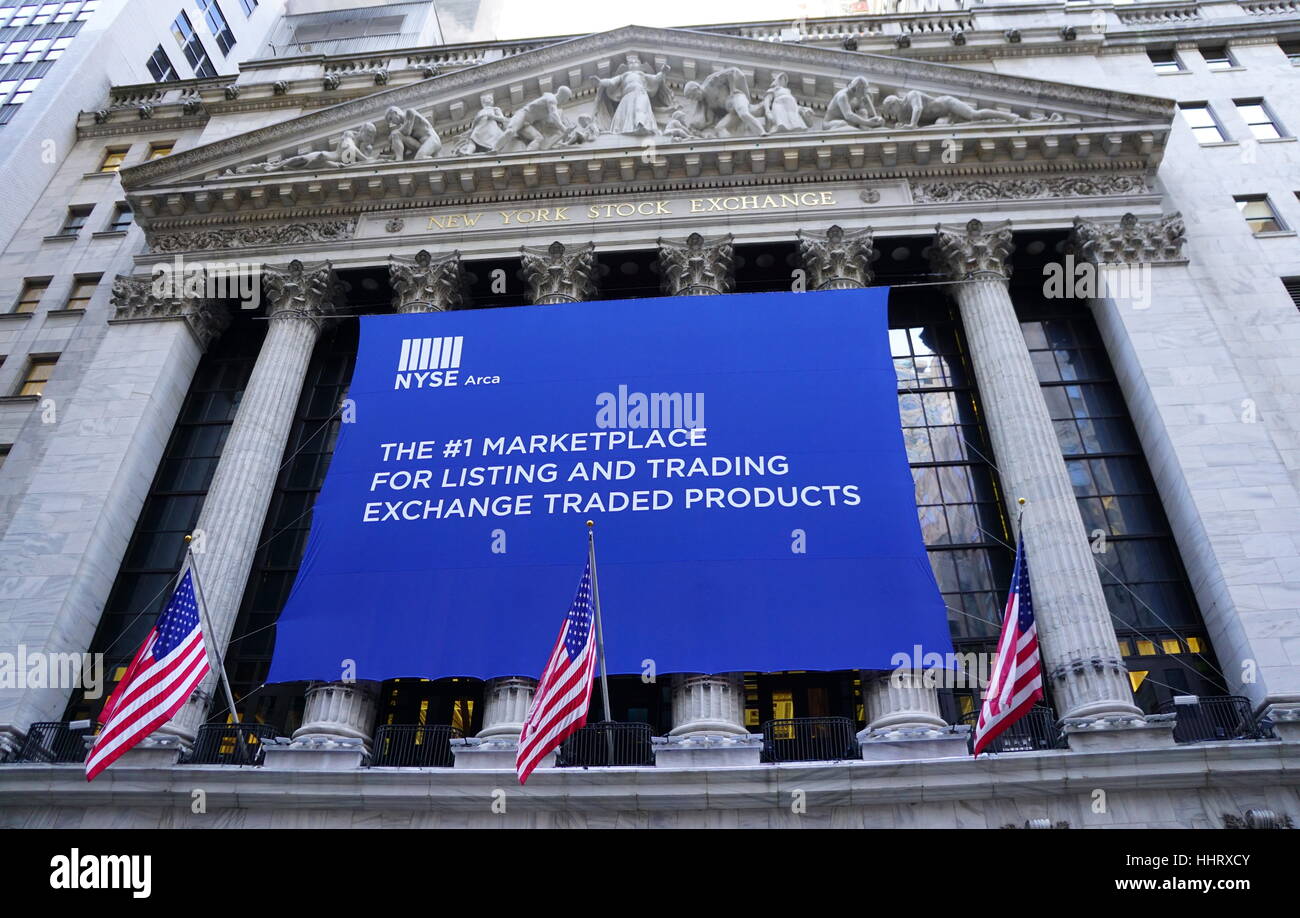 NYSE banner hanging on the exterior wall of the New York Stock Exchange