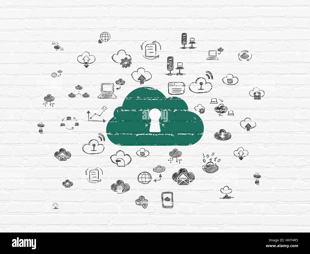 Cloud computing concept: Cloud With Keyhole on wall background Stock ...