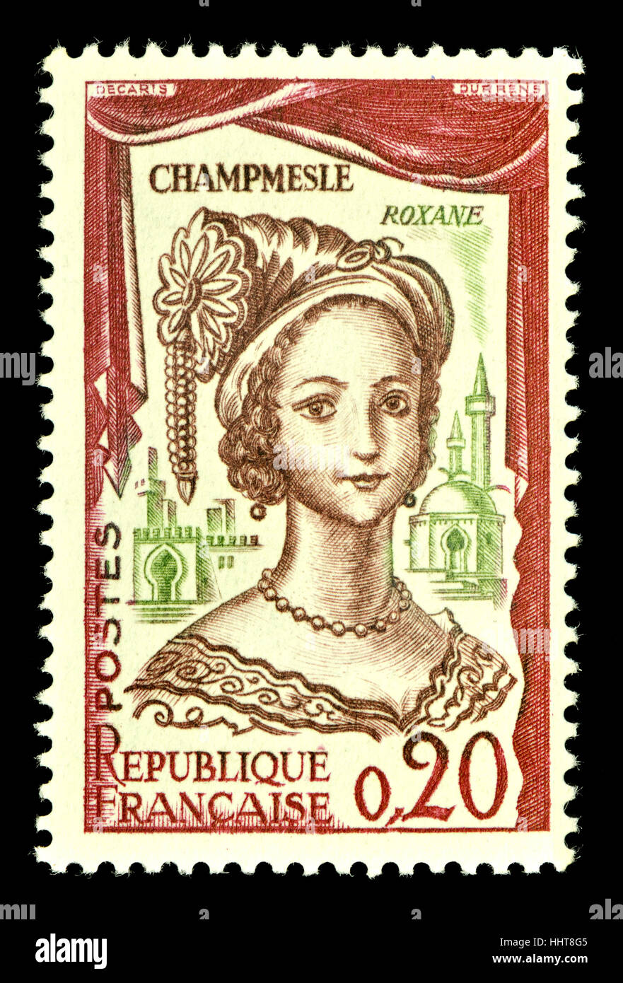 French postage stamp (1961 - French Actors and Actresses) : Marie Champmeslé (1642 – 1698) in the role of Roxane Stock Photo