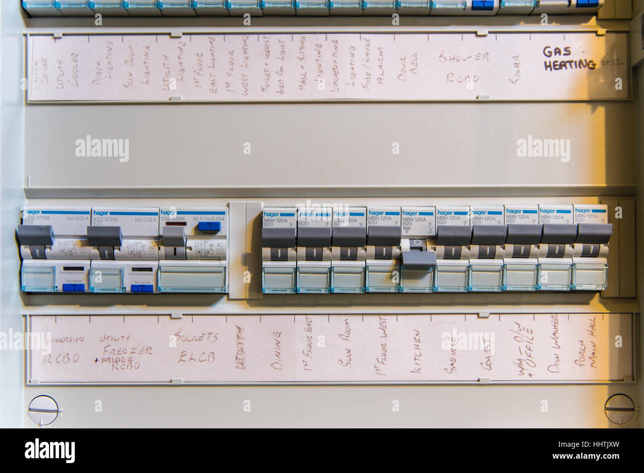 A domestic electric fuse board/box with copy space. - Stock Image