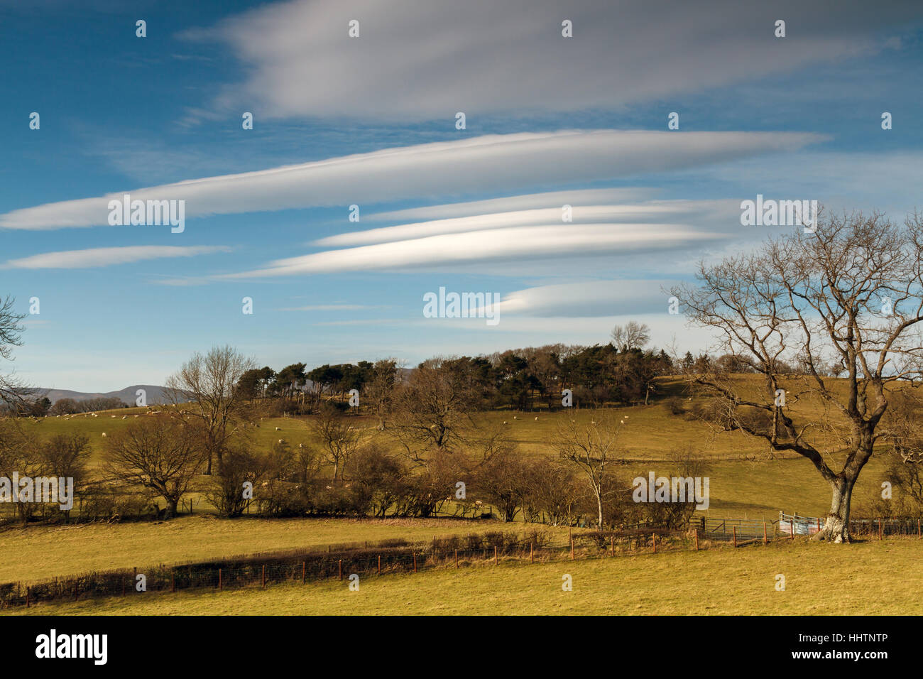 Lenticular clouds or Altocumulus lenticularis formation over a hillside landscape in North Wales during fine weather in spring Stock Photo