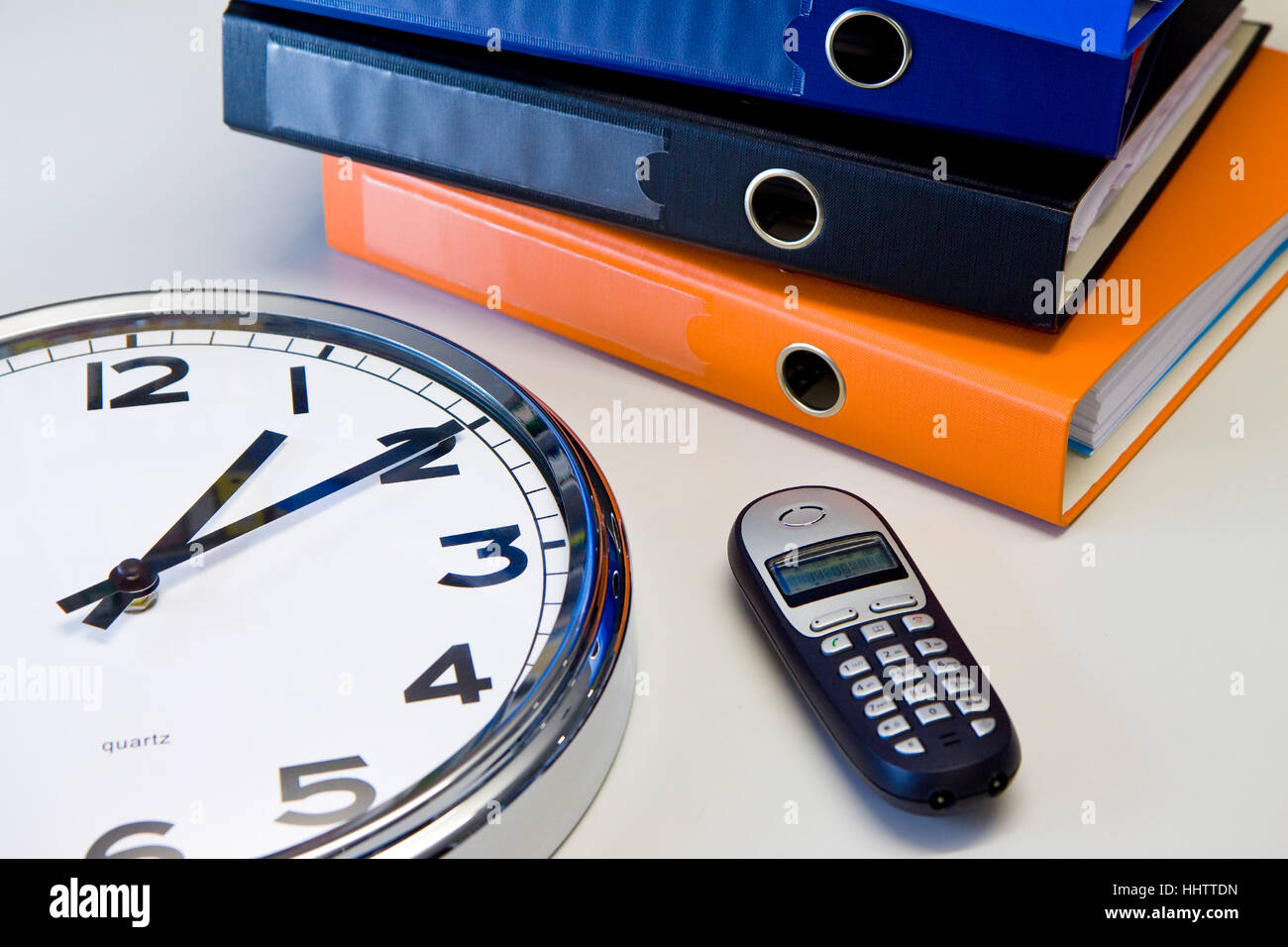 telephone, phone, office, desk, clock, workplace, binder, table