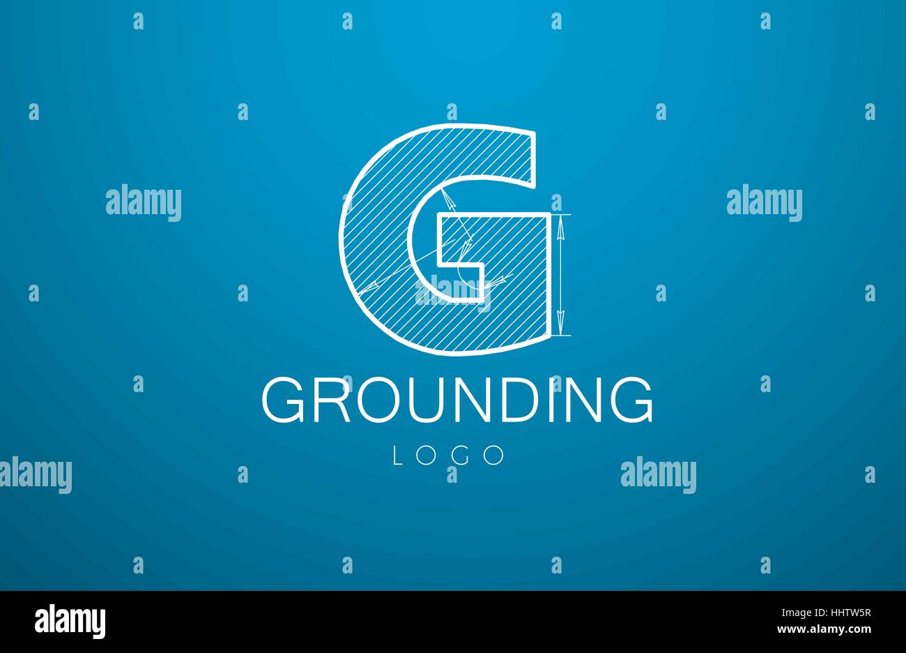 logo template letter G  in the style of a technical drawing. sign design and the text 'grounding' with dimension lines. Vector illustration Stock Vector