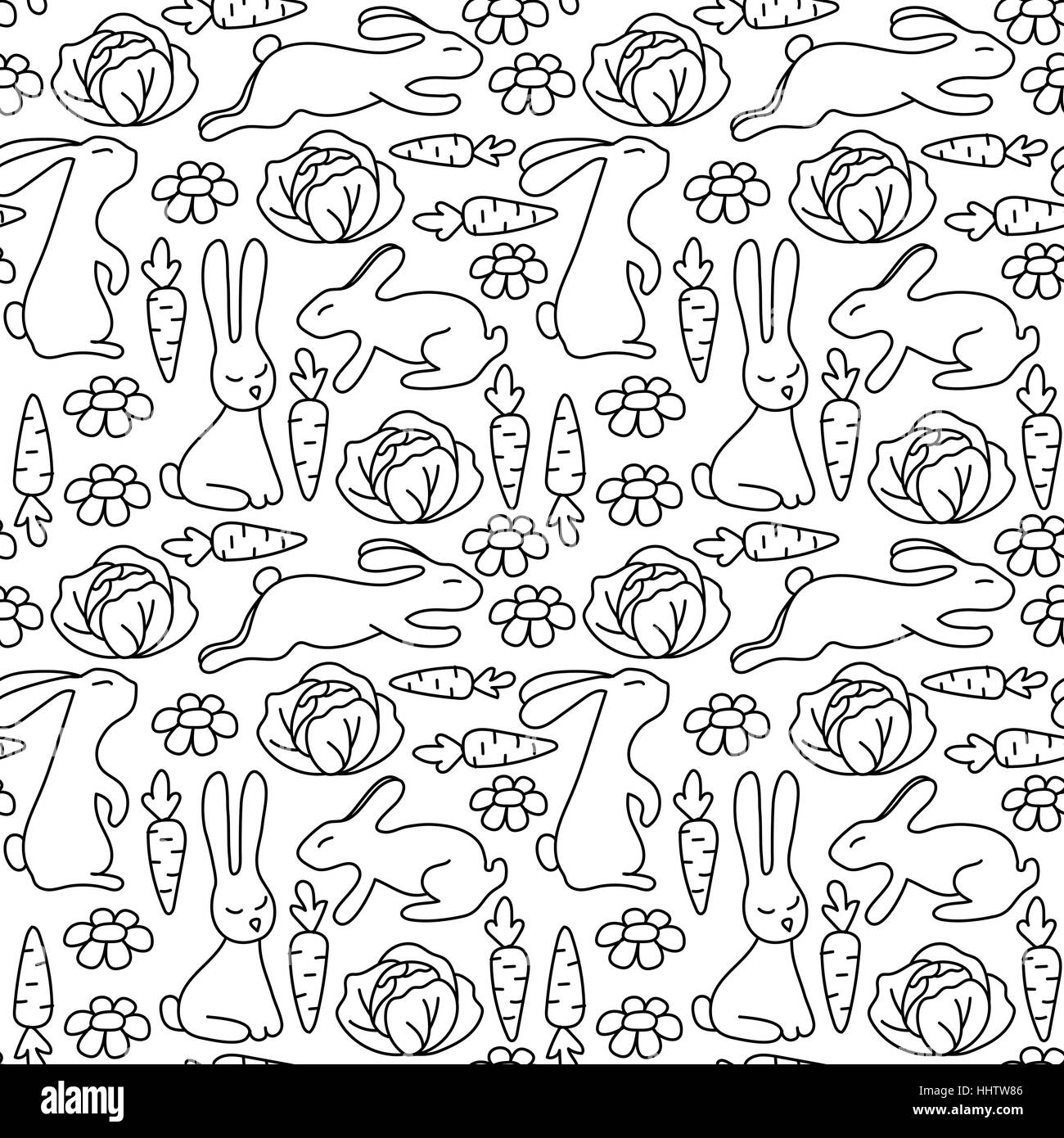Seaemless pattern with rabbits. Pattern for coloring book. Hand-drawn decorative elements in vector. Rabbits, carrot, cabbage and flowers. Black and white pattern. Zentangle Stock Vector