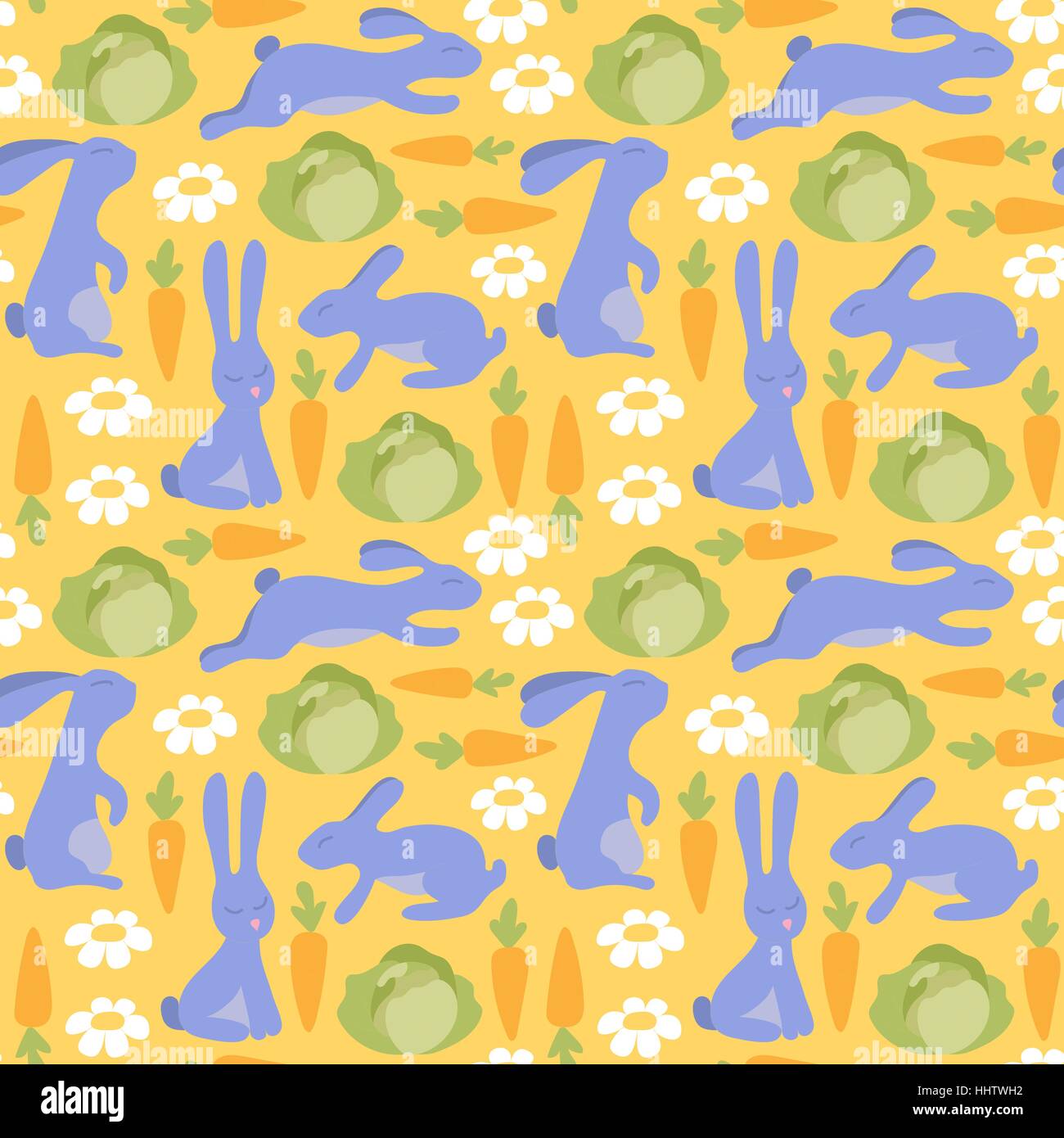 Rabbits with carrots, cabbage and flowers. Seamless vector pattern ...
