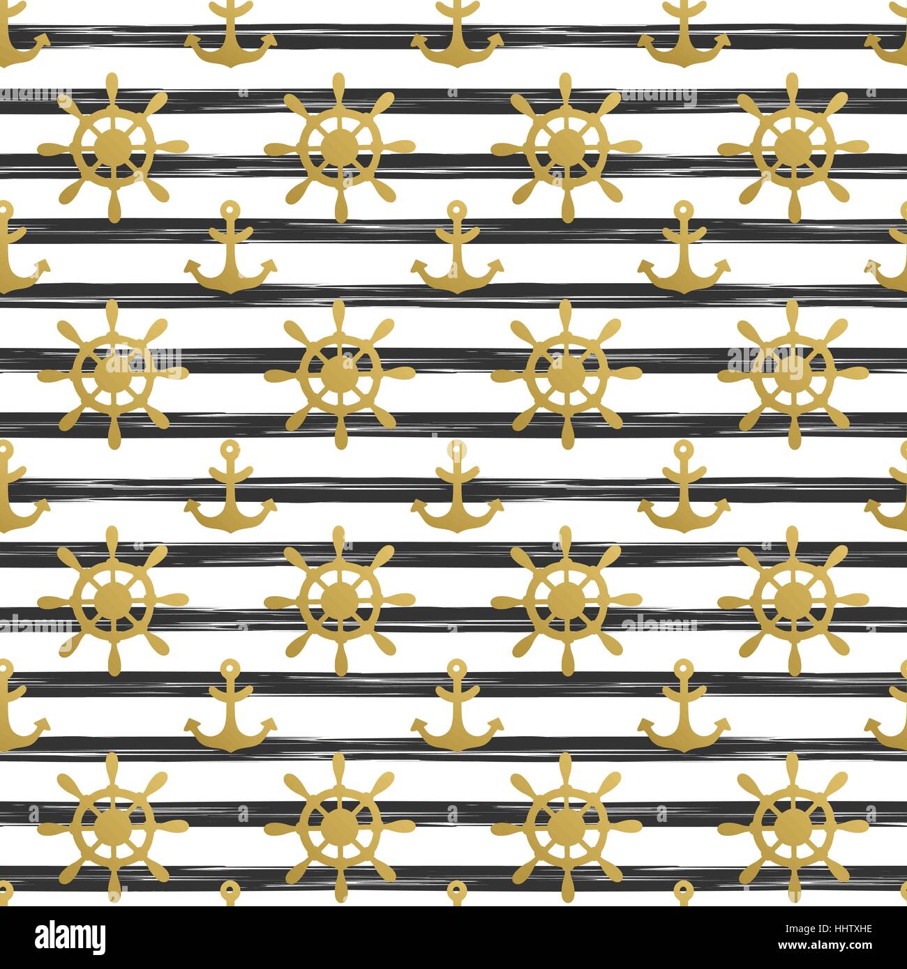 Seamless nautical pattern with golden anchors and ship wheels on white