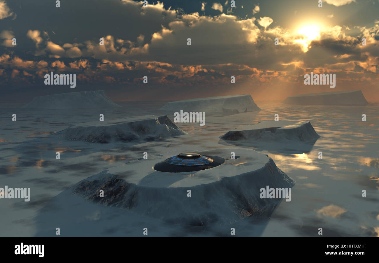 A UFO Emerging From A Hole In The Top Of An Iceberg . Stock Photo