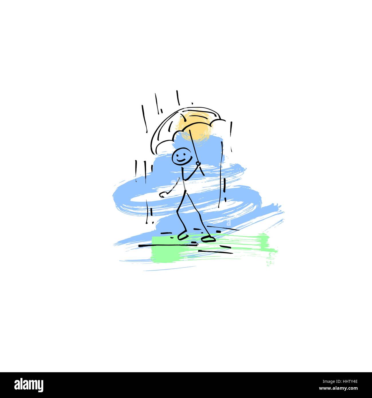 sketch doodle human stick figure walking in the rain Stock Vector