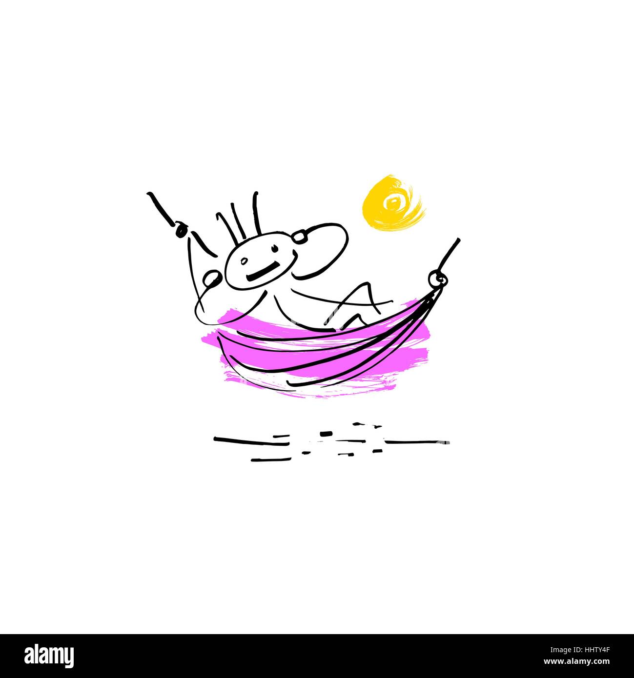sketch doodle human stick figure resting in a hammock Stock Vector
