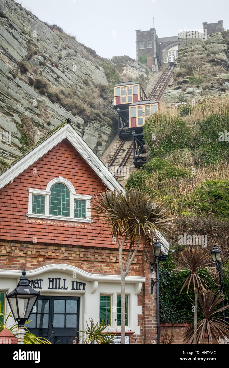 The East Hill Cliff Funicular cable lift Railway in Hastings on a cold winter day Stock Photo