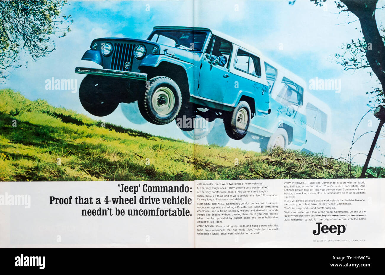 A 1960s double-page magazine advert for the Jeep Commando four wheel drive. Stock Photo