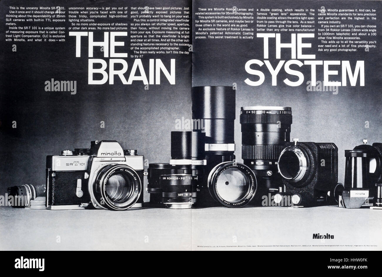 A 1960s double-page magazine advert for the Minolta SR-T 101 camera system. Stock Photo