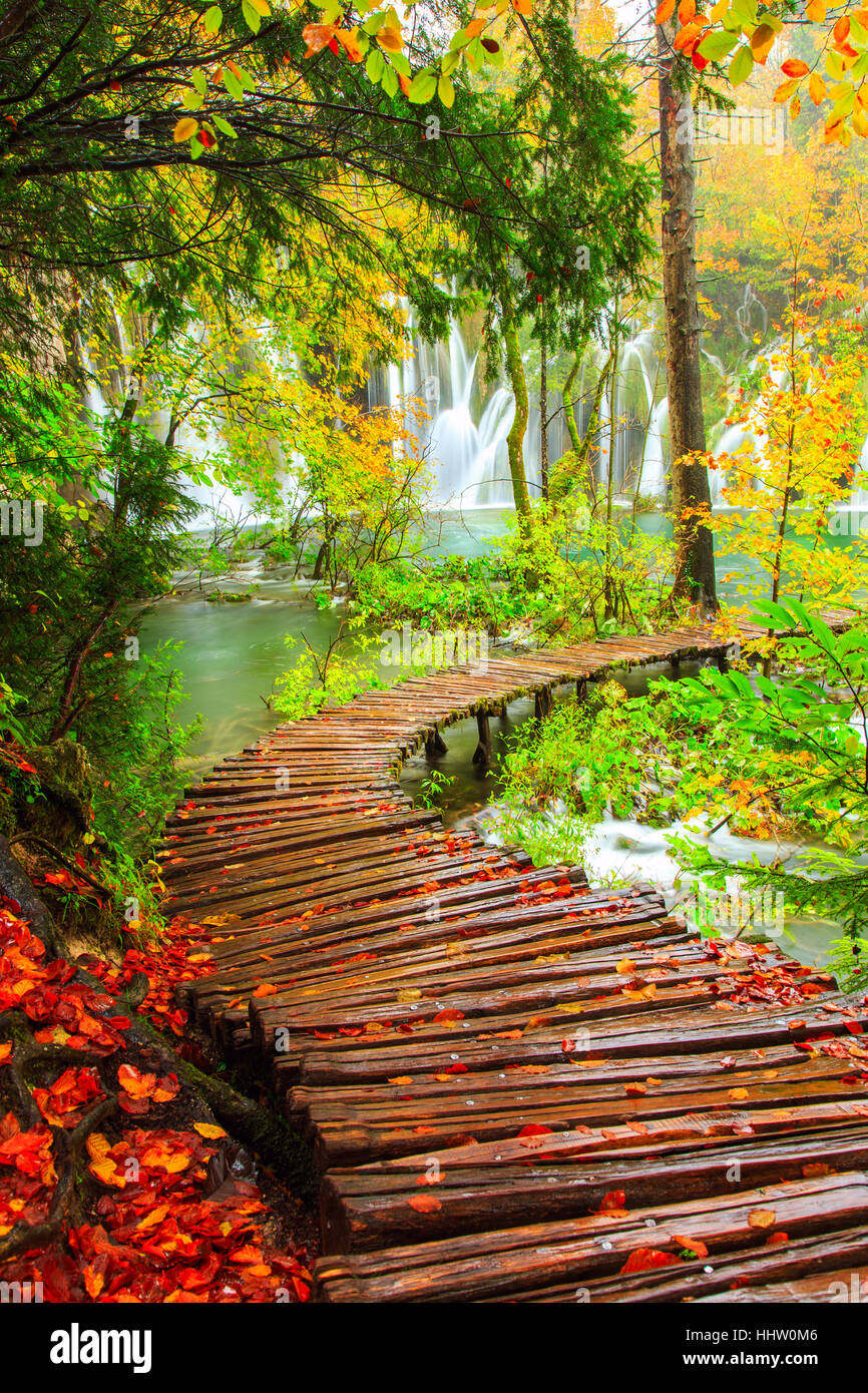 Rainy day and wooden tourist path in Plitvice lakes national park-Croatia Stock Photo
