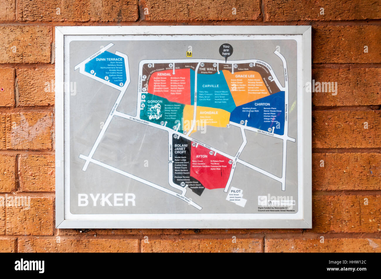 An estate plan on the Byker Wall shows the layout and extent of the Byker housing estate in Newcastle Upon Tyne, UK. Stock Photo