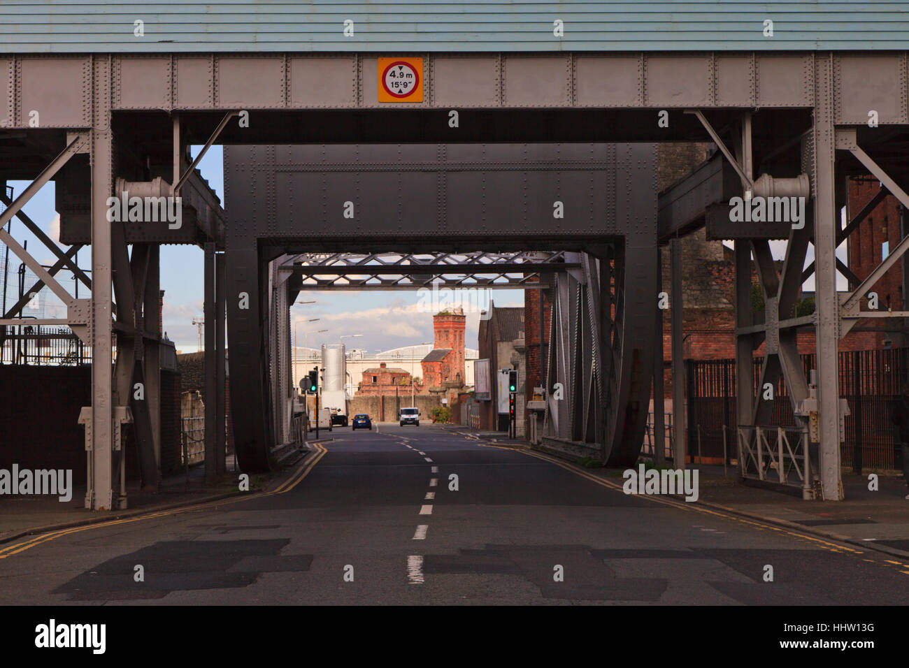 View through the bascule bridge crossing on Stanley Docks, on Regent Road, Liverpool Stock Photo