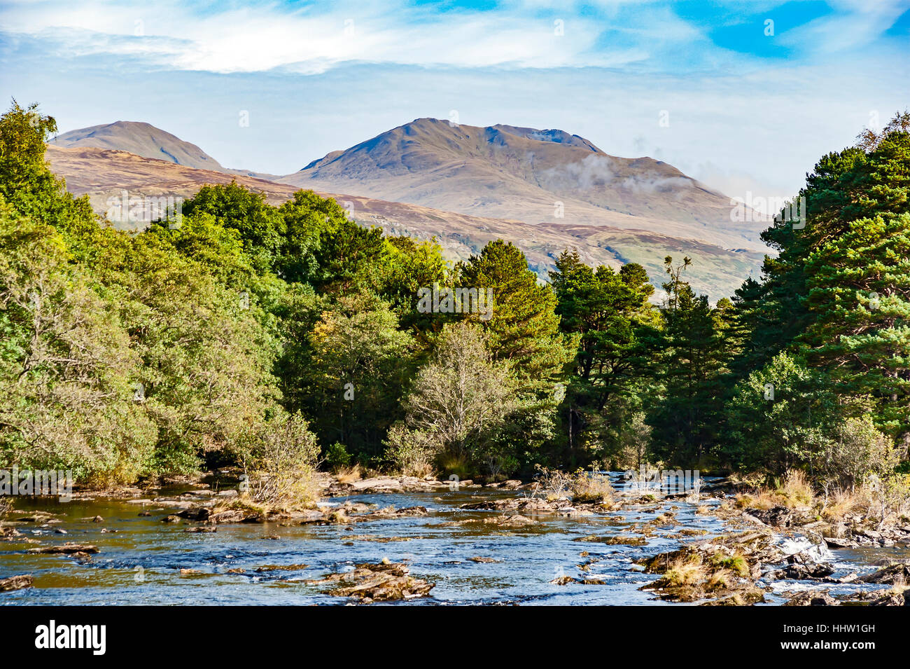 Falls of Dochart rushes through Killin towards Loch Tay with the River Dochart bridge centre and Ben Lawers behind Stock Photo
