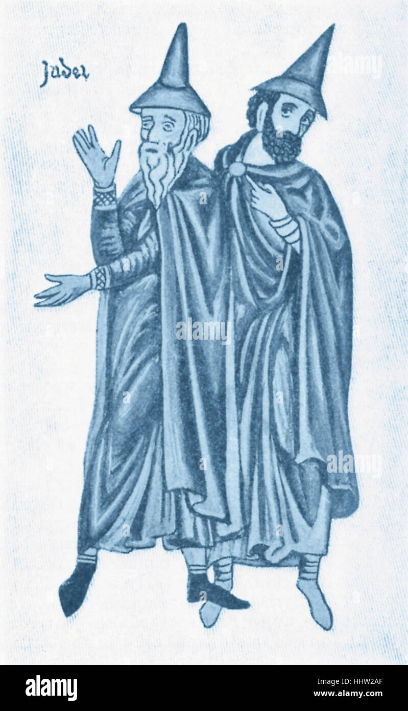 Costume of German Jews of the thirteenth century. From Herrad von Landsperg, 'Luftgarten'. Stock Photo