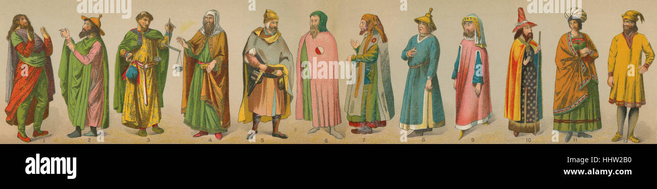 Costumes of Jews I (1/3): 1. France (c.12th century); 2. Germany (13th century); 3. Germany: Money-changer (12th century); 4. Stock Photo