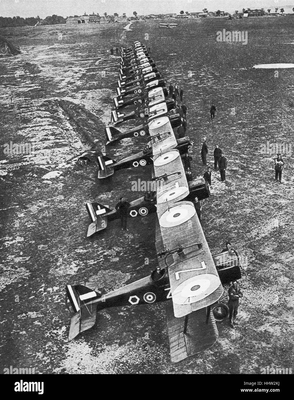 Bombing squadron - fleet of military planes lined up at St Omer, France during the First World War, 1918 Stock Photo