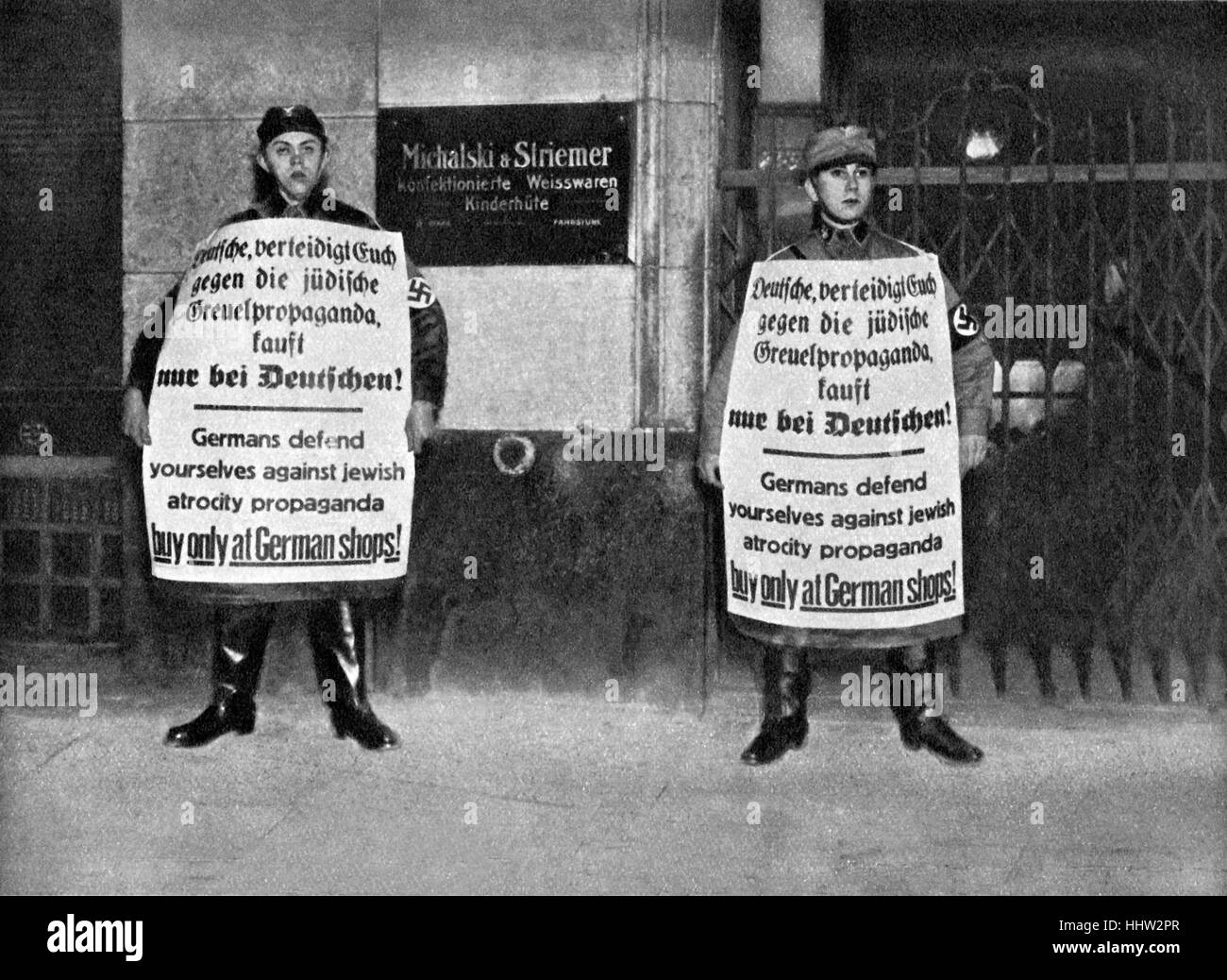 Antisemitic propoganda, anti-Jewish campaign in Germany, 1933. Rise of Fascism in the inter-war period in Germany. Signs urge Stock Photo