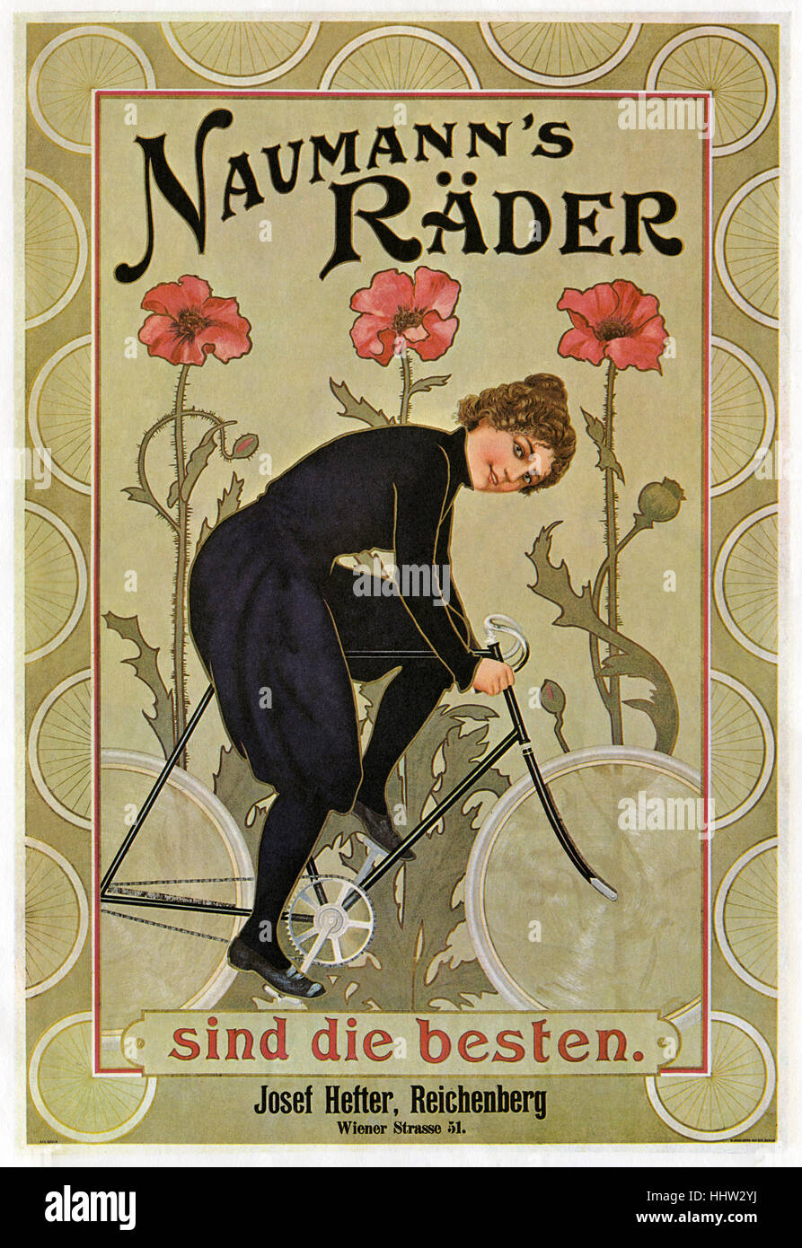 Naumann´s Räder sind die besten. Josef Hefter, Reichenberg, Wiener Strasse 51. Bicycle advertisement. Woman cycling. C.1905 Stock Photo
