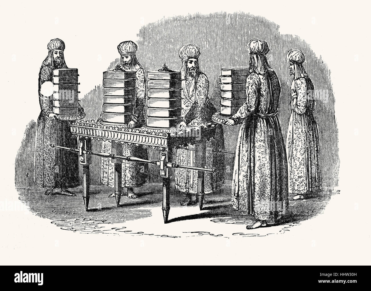 Table of showbread, high priests replacing old loaves with new (12 loaves representing the 12 tribes of Israel). Exodus 25 verse 30 'And thou shalt set upon the table showbread before me always.' 19th century engraving. Stock Photo