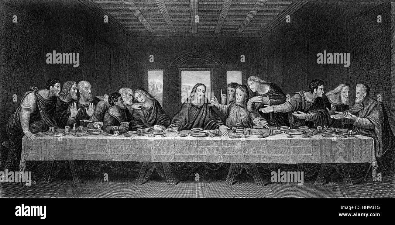 The Last Supper of Jesus and his disciples. 19th century engraving. Stock Photo