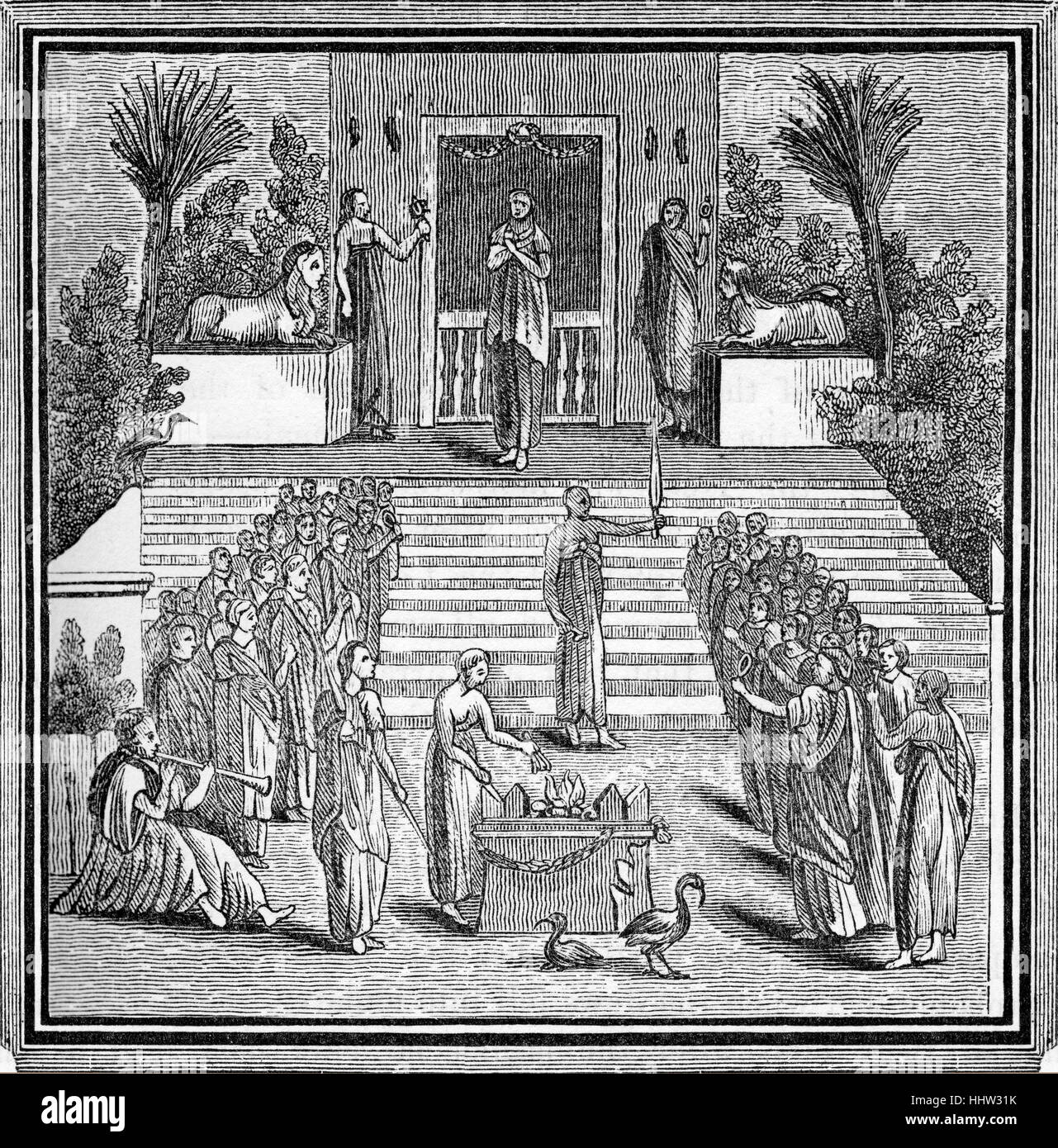 Worship of Isis. Ancient Egyptian religion. 19th century engraving. Stock Photo