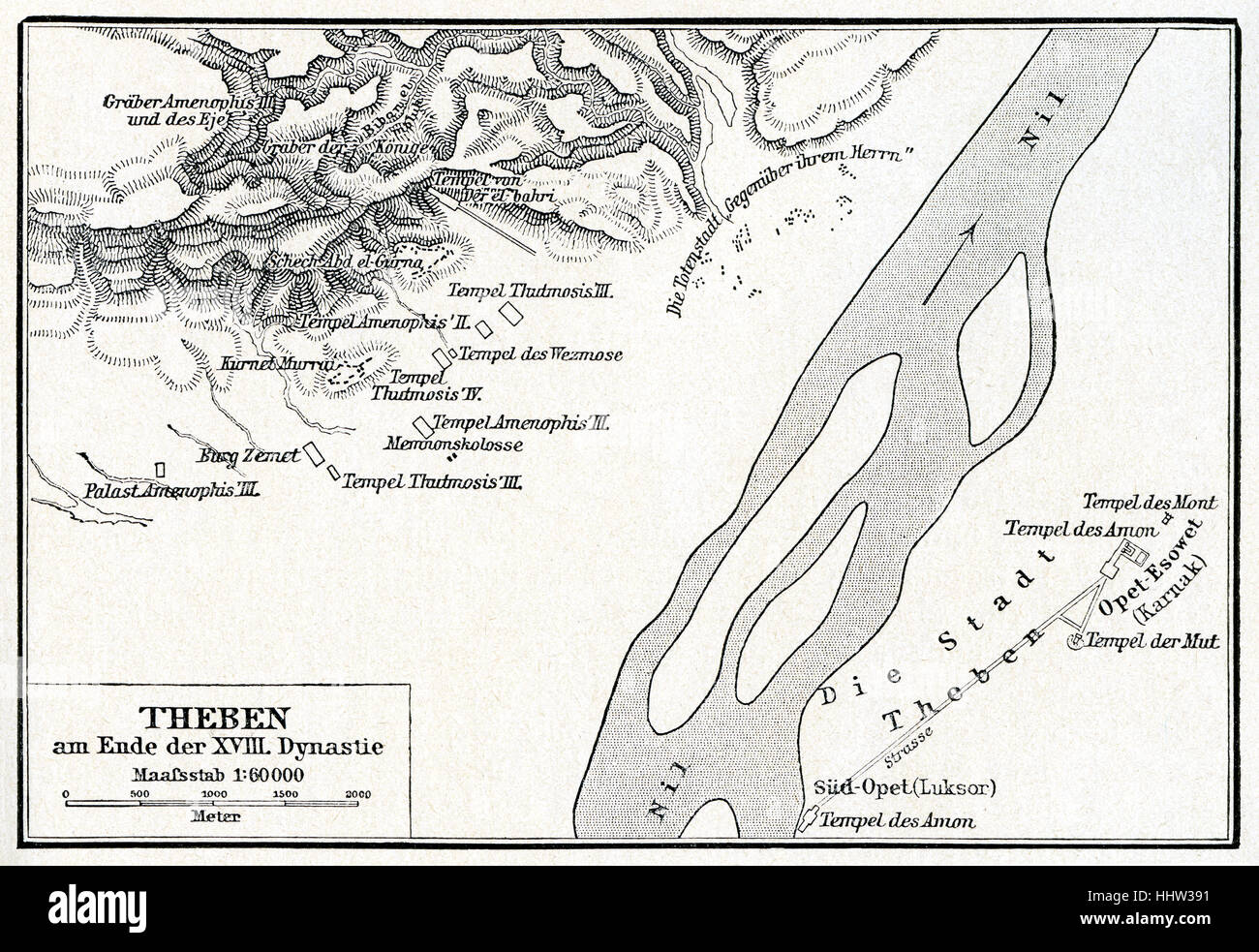 Map of Thebes at the end of the 18th Dynasty.   Tomb of Nakht. Nakht - scribe who held the title 'Astronomer of Amun' or Stock Photo