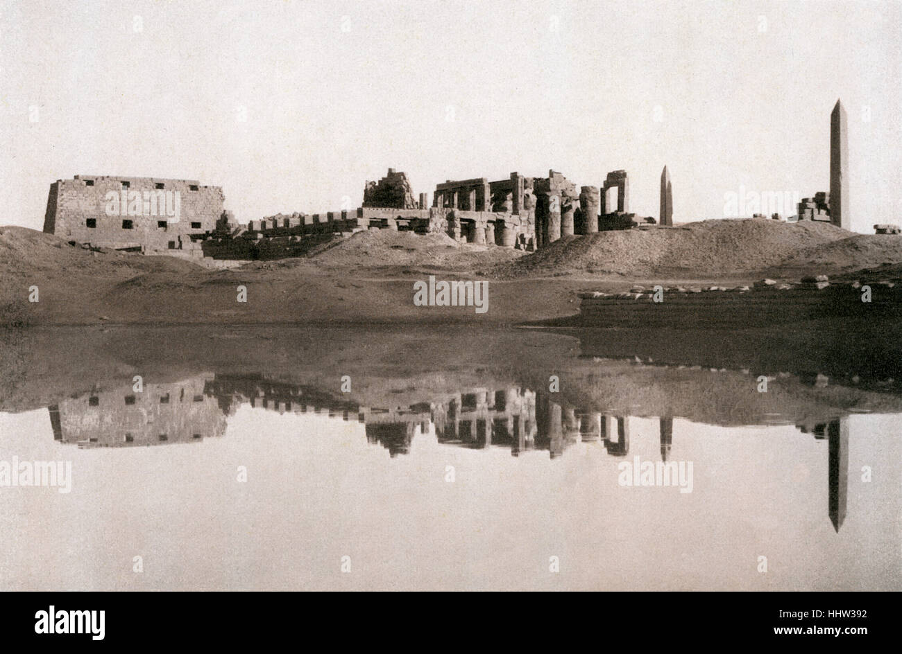 Karnak temple complex. After late 19th century phoograph. Located on the east bank of the Nile River in Thebes (modern  Luxor). Stock Photo