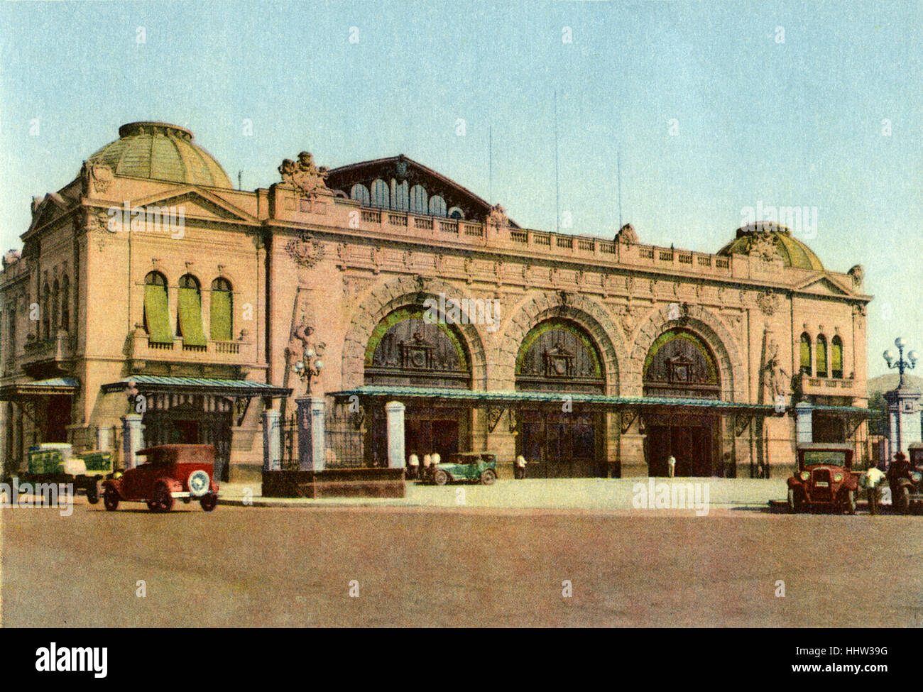 Railway station in Santiago, Chile. Estacion Mapocho. Vintage car. Stock Photo