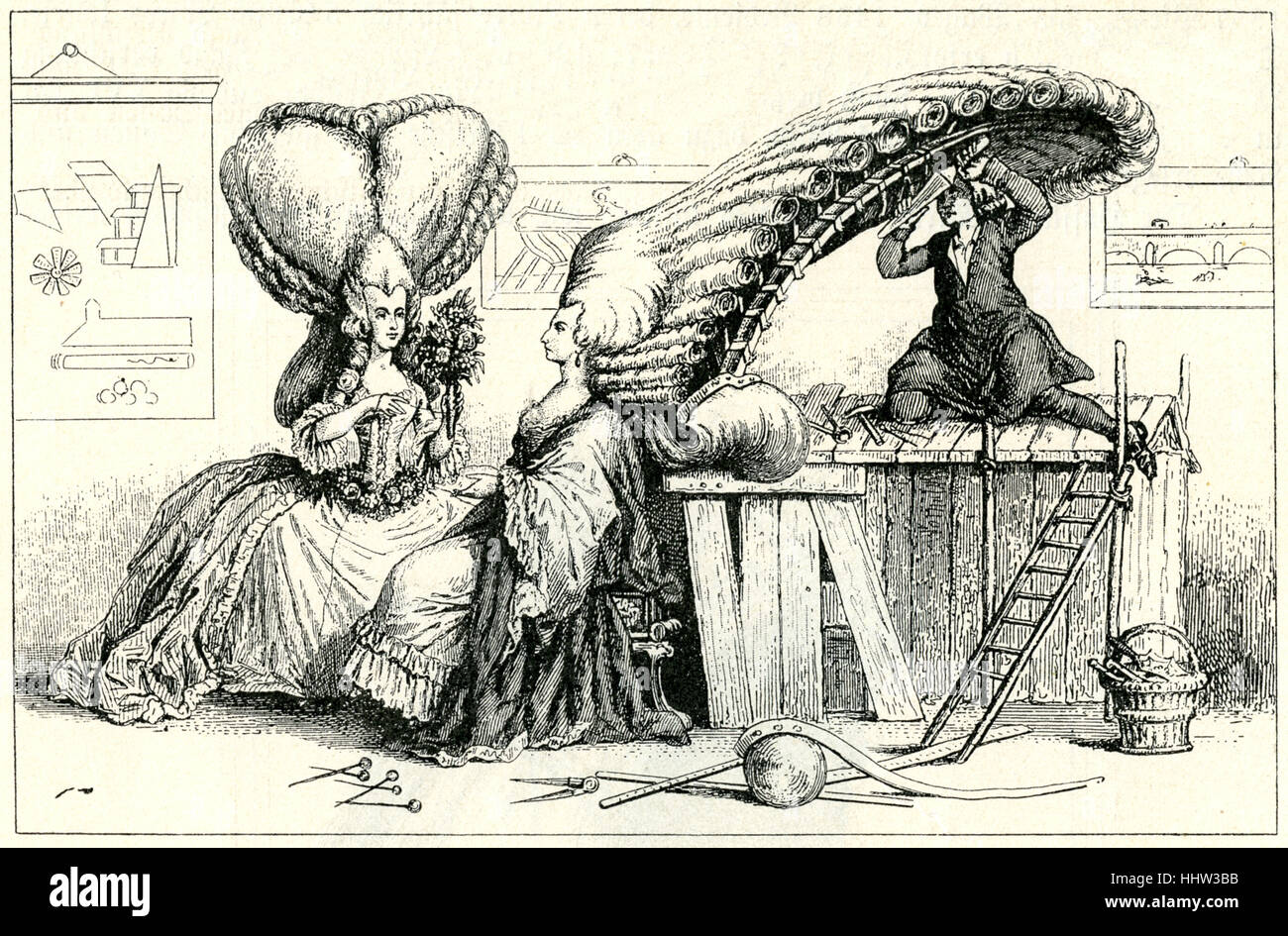 18th century French caricature satirising the fashion for enormous wigs. 1785.