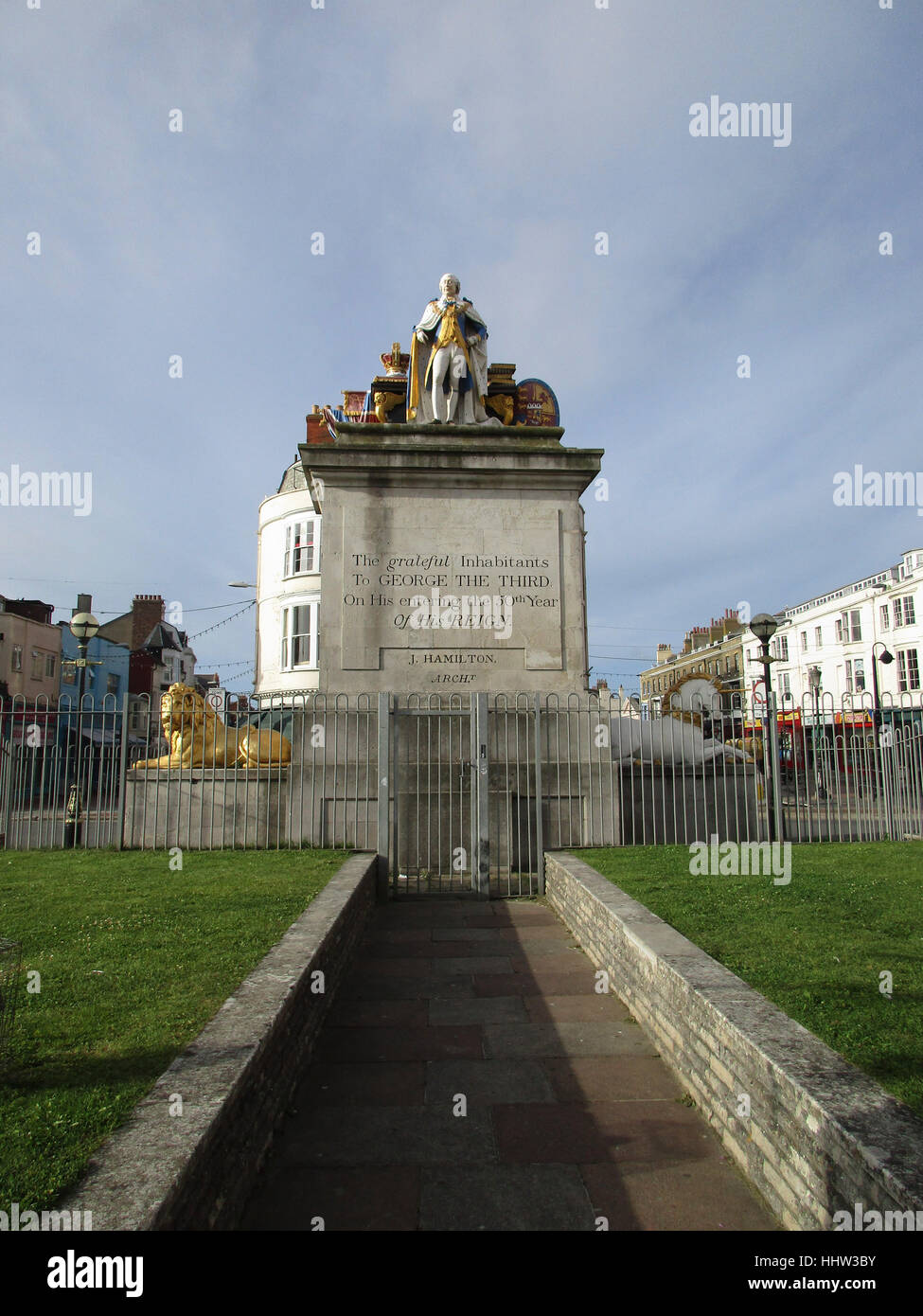 King’s Statue -  statue of George III in his coronation robes on Weymouth seafront. Foundation stone was laid at the end of the Stock Photo