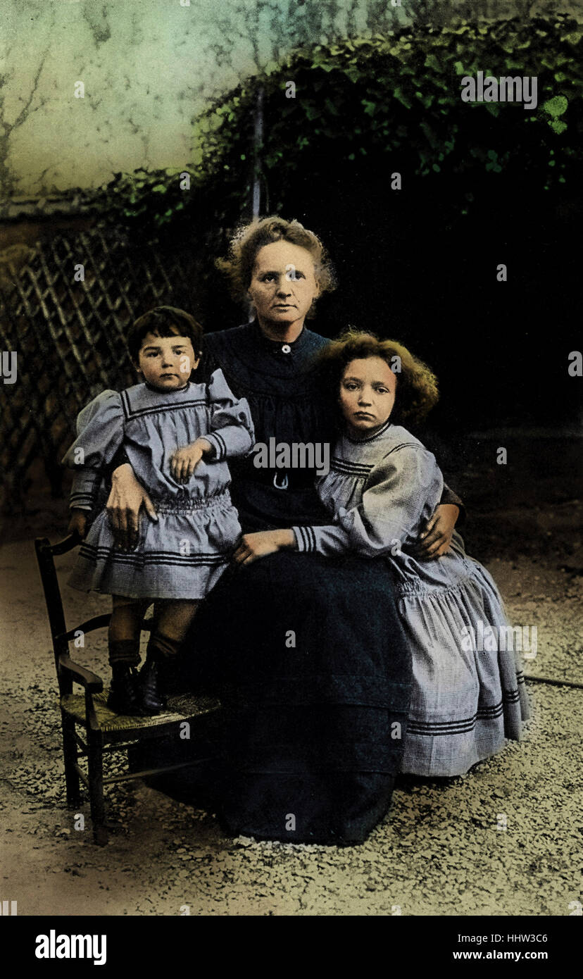 Marie Curie with her daughters Irene and Eve, 1908. MC: Polish-born French physicist and pioneer in radioactivity, 7 November Stock Photo