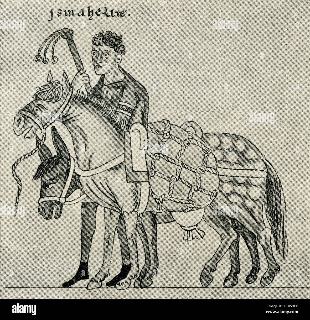 Servant (serf / vassal) carrying goods with a mule and a pack horse