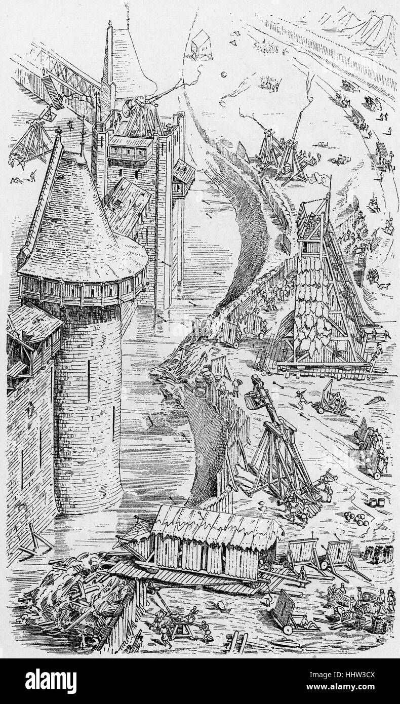 Besieged city, depiction demonstrating the use of 12th century siege engines and weaponry, including siege towers and trebuchets / catapults Stock Photo