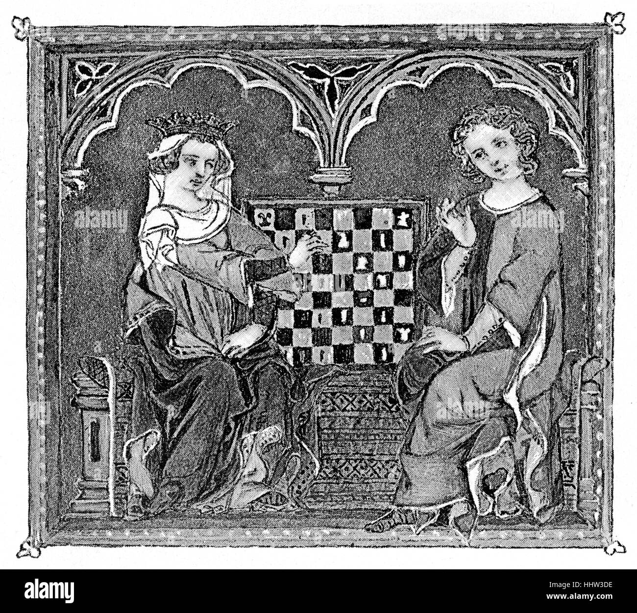 Noblewomen playing chess, medieval German miniature, Kassel, 1334 Stock Photo