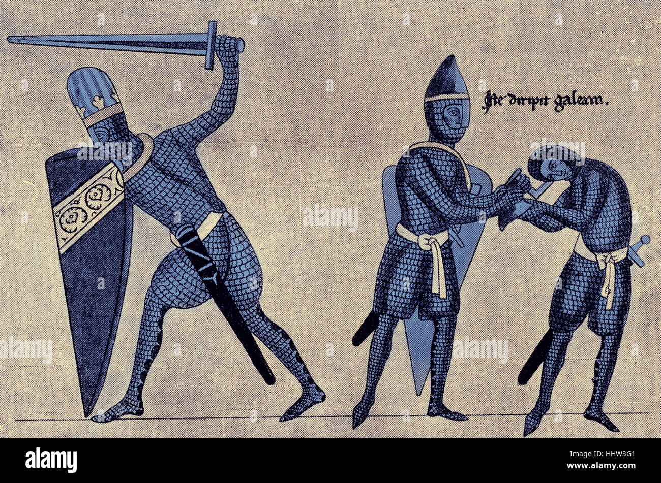 Armour and weapons of 12th century Germany, a knight helps another knight to remove his helmet, c. 1165 - 1175 Stock Photo