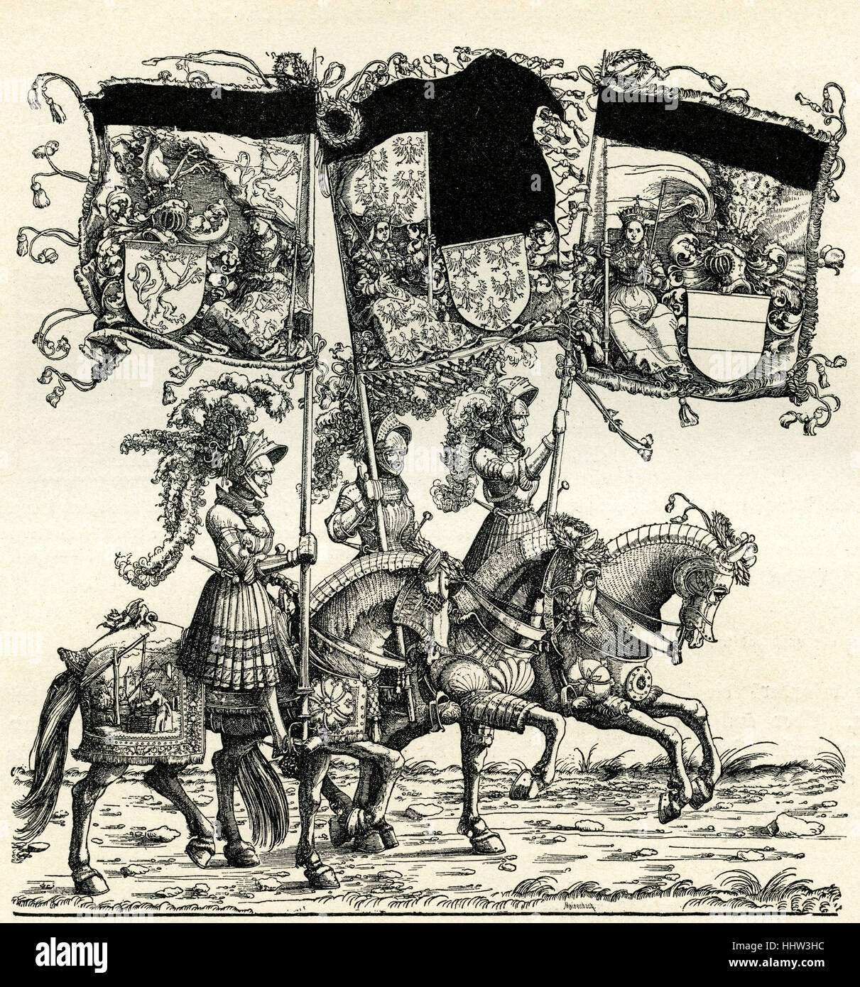 Flag bearers on horseback, triumphal procession of Maximilian I, Holy Roman Emperor (22 March 1459 – 12 January 1519). Woodcut Stock Photo
