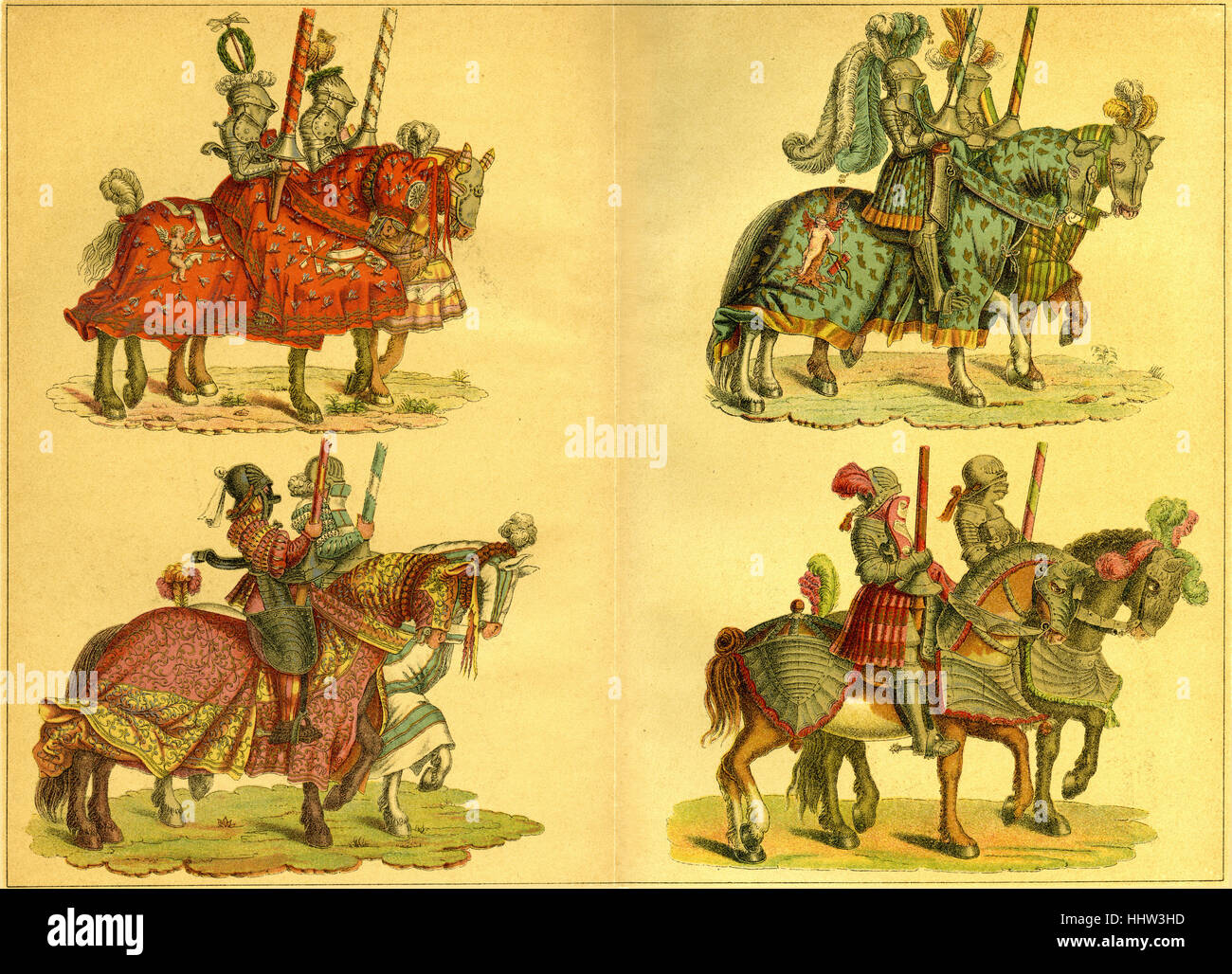 Knights riding horses on their way to a jousting tournament.  Illustration by Hans Burgkmair (1472 - 1531) for Maximilian I, Stock Photo