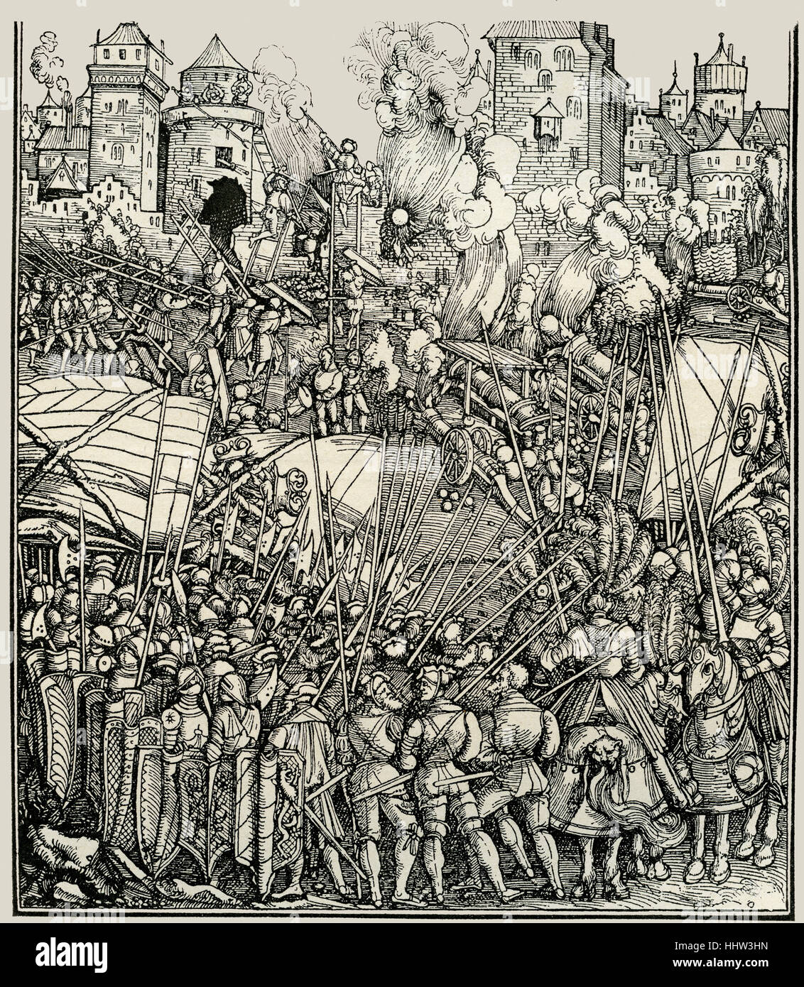Siege of a city by the troops of Maximilian I, Holy Roman Emperor (22 March 1459 – 12 January 1519). Woodcut by Albrecht Durer Stock Photo