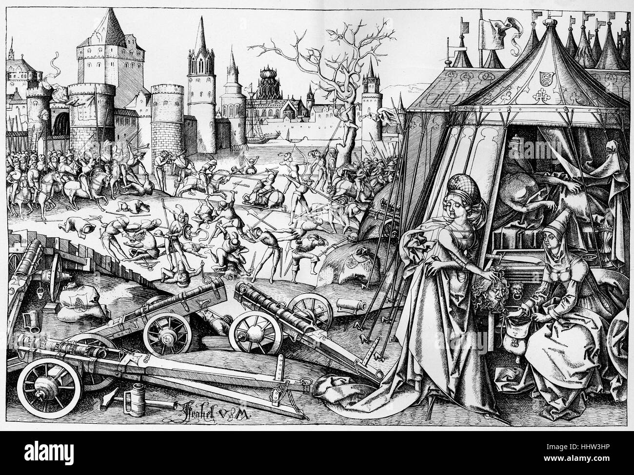 Judith with the head of Holofernes in his tent, battle for the city of Bethulia in the background. 15th century copper engraving by Israhel van Meckenem (1445 - 1503) Stock Photo