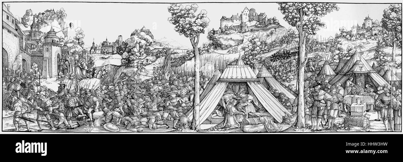 Judith with the head of Holofernes in his tent, battle for the city of Bethulia in the background. 15th century woodcut by Hans Stock Photo